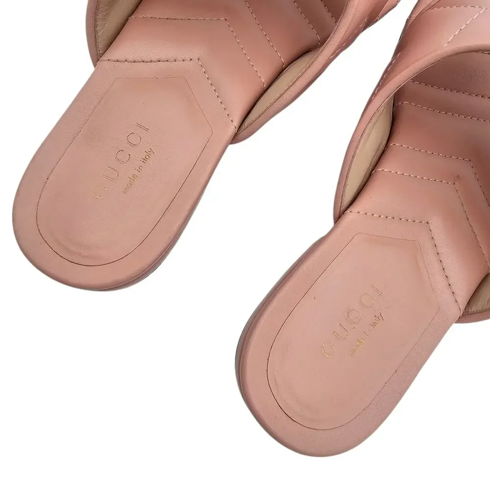 Gucci GG Marmont Flat Thong Sandal Pink Quilted Leather Gold Square Size 37 US 7